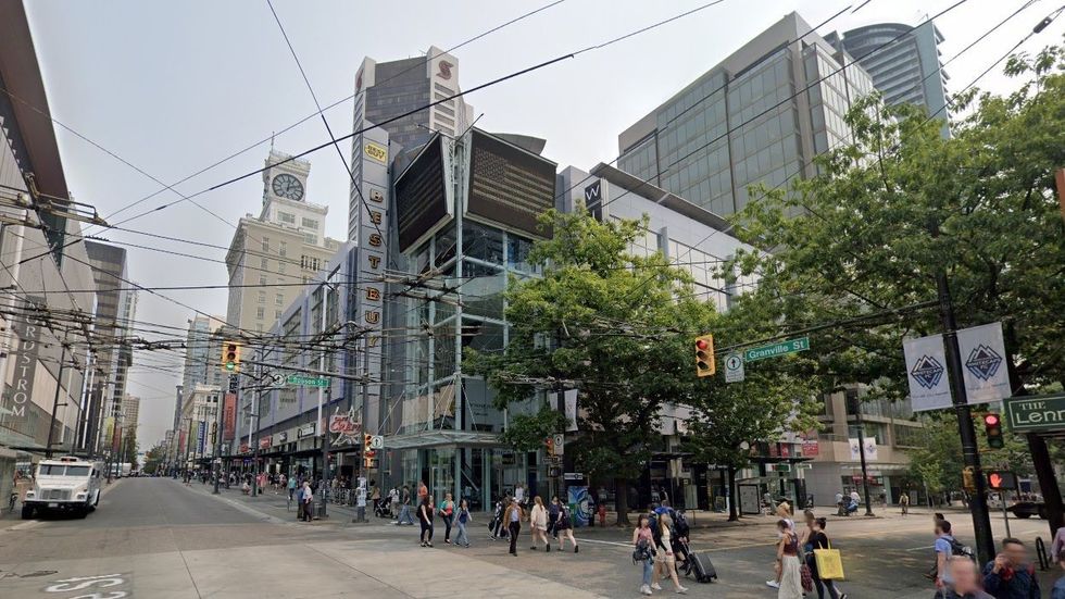 The retail complex on 798 Granville Street, at the intersection with Robson Street.