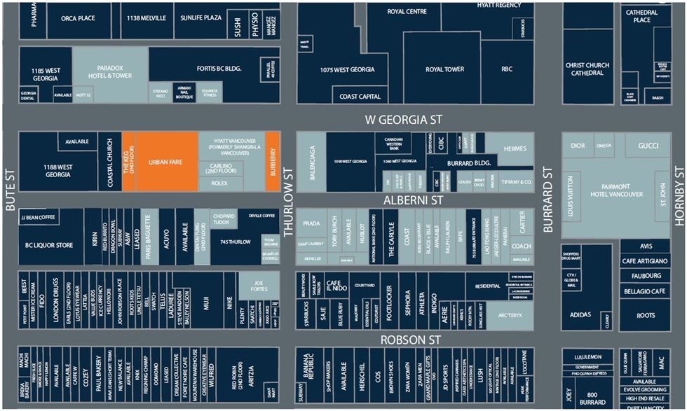 The retail component of the Shangri-La Vancouver / Park Hyatt and its surrounding retailers.
