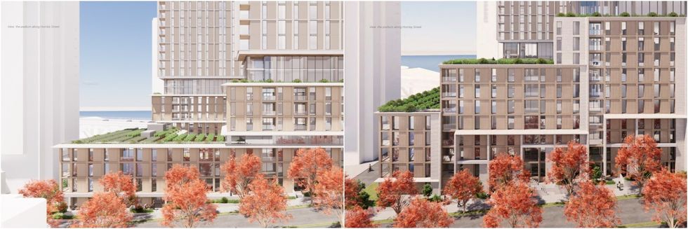 The revised design (left) and original design (right) for the building podium along Hornby Street.