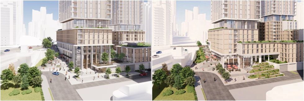 The revised design (left) and original design (right) for the "Spanish steps" and podium massing.