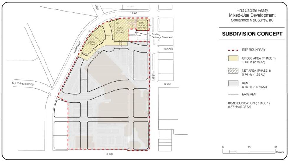 The Semiahmoo Shopping Centre site and subdivision concept.