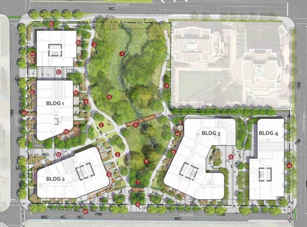 The site of the Gateway project and the location of the four towers.