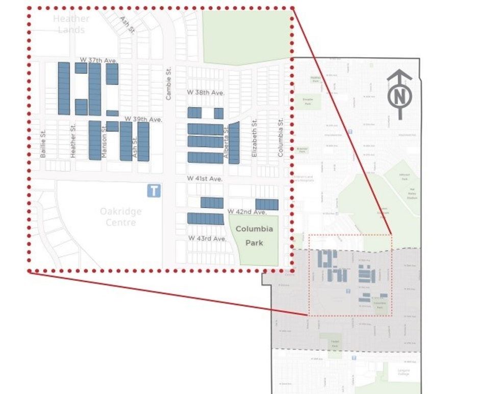 The sites within the Oakridge Municipal Town Centre sub-area of the Cambie Corridor Plan area that would be affected by the proposed zoning changes.