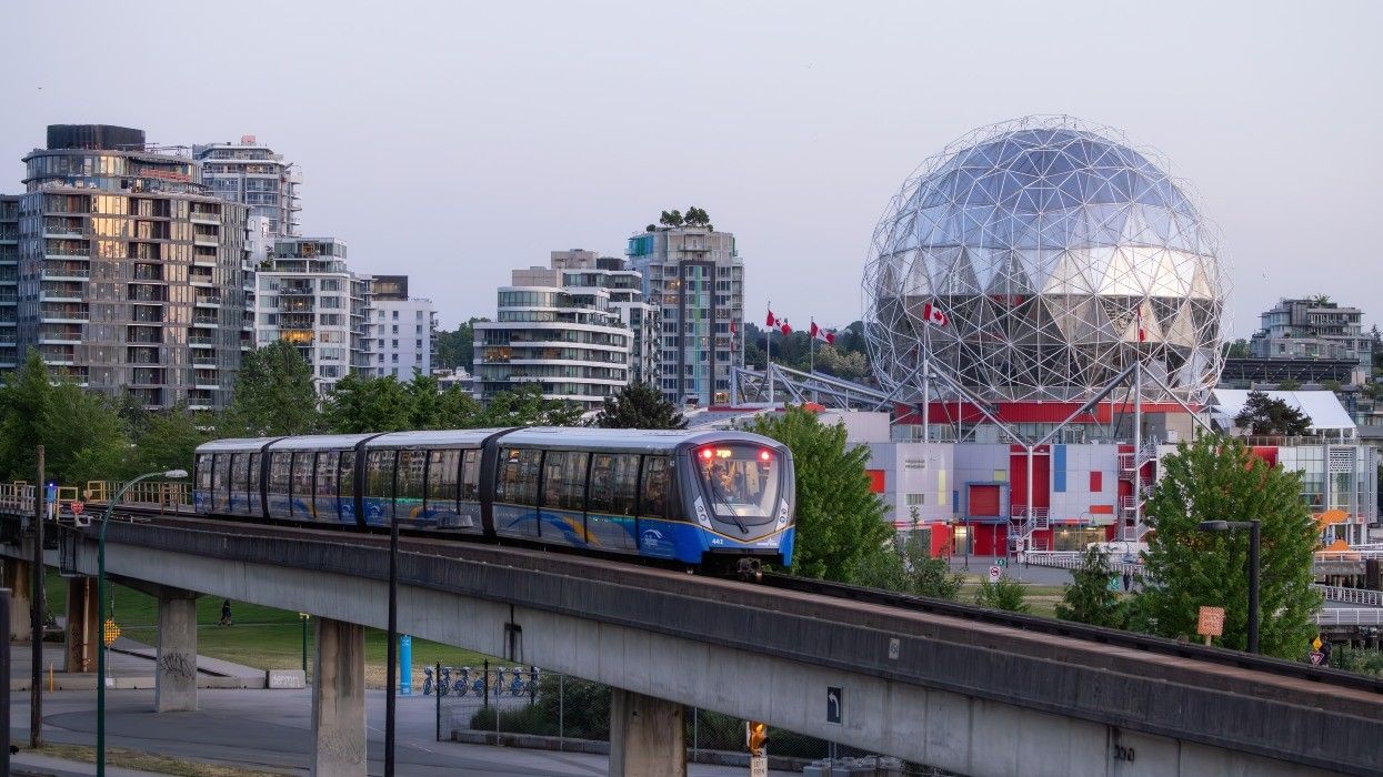The SkyTrain passing by Science World in Vancouver.