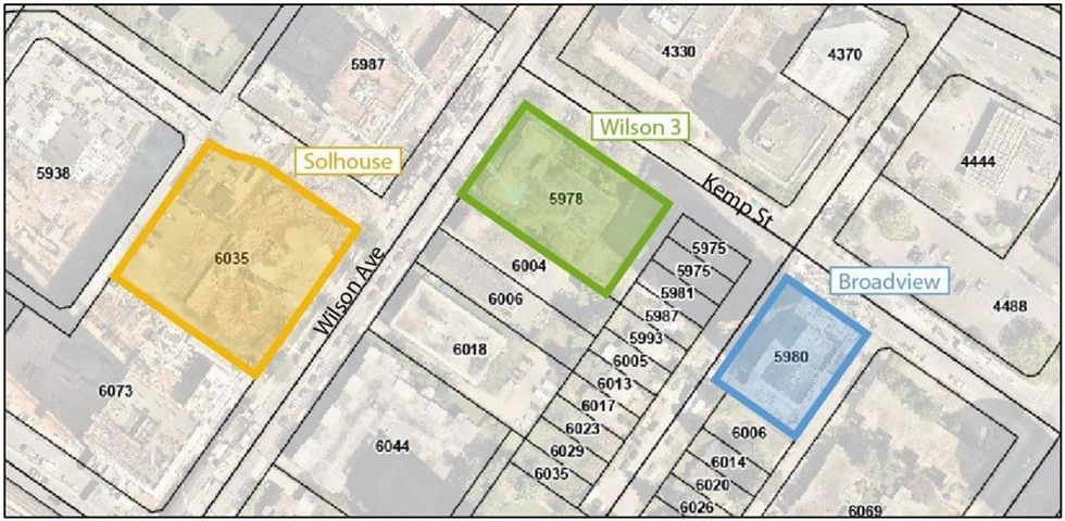 The Solhouse 6035 (yellow), 5978 Wilson Avenue project (green), and Broadview (blue) are all in close proximity to each other. 
