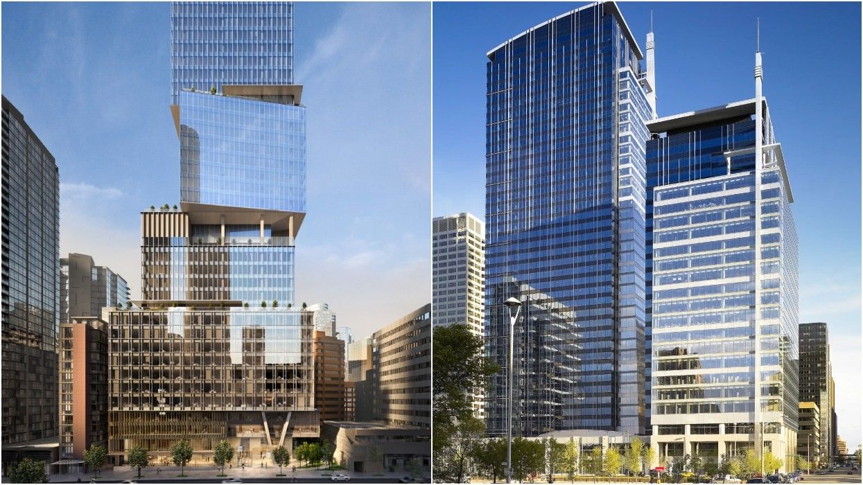 The Stack in Vancouver (left) and two Centennial Place towers in Calgary (right).