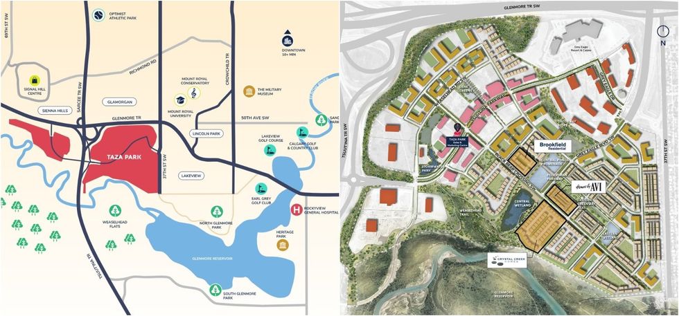 The Taza Park village (left) and where Brookfield, Crystal Creek, and Avi will be building (right). 
