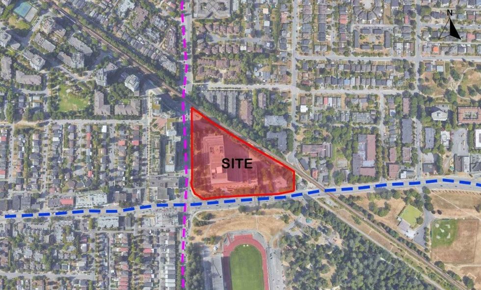 The Telus Boot building site at the intersection of Kingsway (blue) and Boundary Road (purple). 