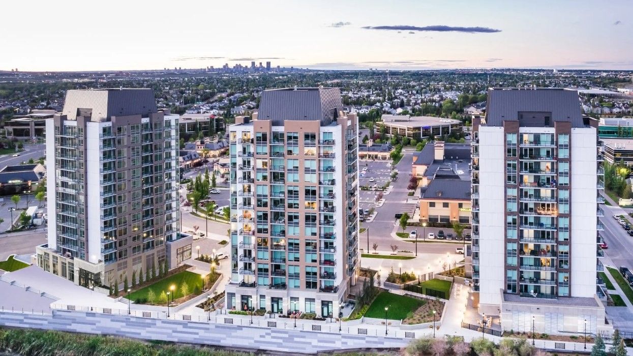 The three high-rise towers of DeVille at Quarry Park located at 83 Quarry Park Road SE in Calgary.