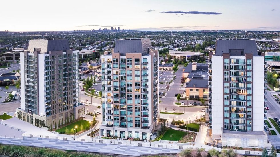 The three high-rise towers of DeVille at Quarry Park located at 83 Quarry Park Road SE in Calgary.