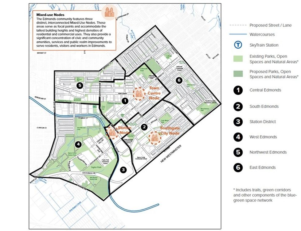 The three nodes and six districts under the Edmonds Community Plan.