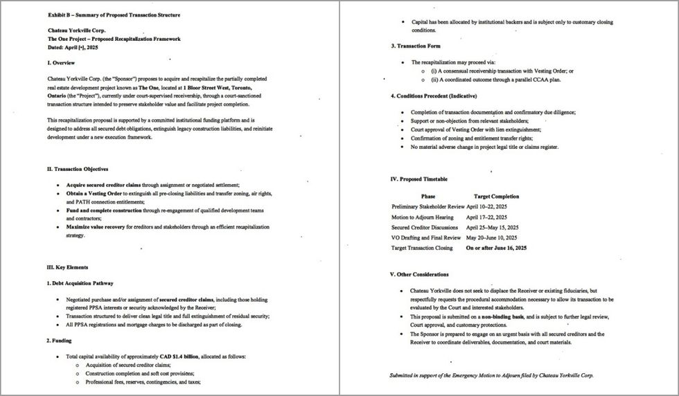 The transaction structure of Chateau Yorkville Corp's bid to buy The One.
