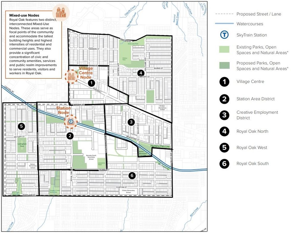 The two nodes and six districts under the Royal Oak Community Plan.