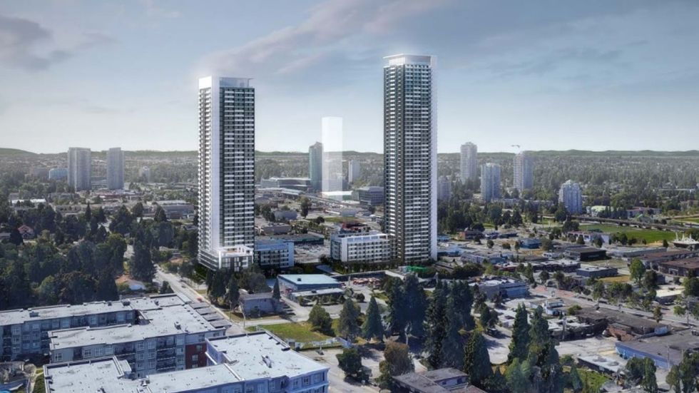 The two towers planned for 10662 King George Boulevard and 10677 Whalley Boulevard.