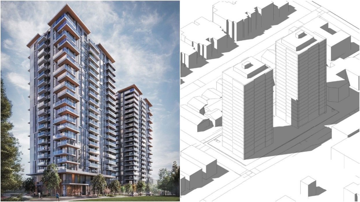 The two towers planned for 816-860 W 13th Ave and 2915-2925 Willow St in Vancouver.