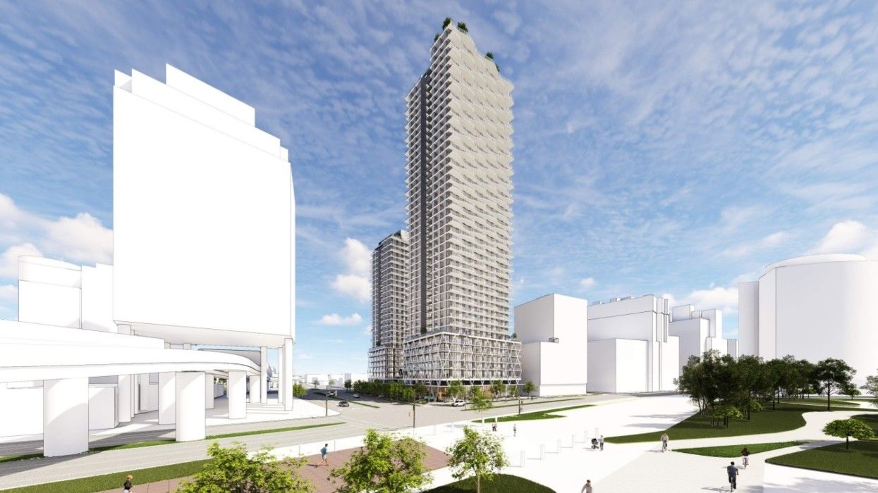 The two towers proposed for 1405 Main Street and 1510 Quebec Street in Vancouver.
