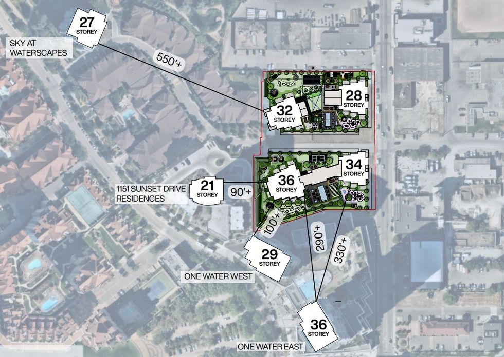 The Vintage at Waterscapes' four towers and their surrounding context.