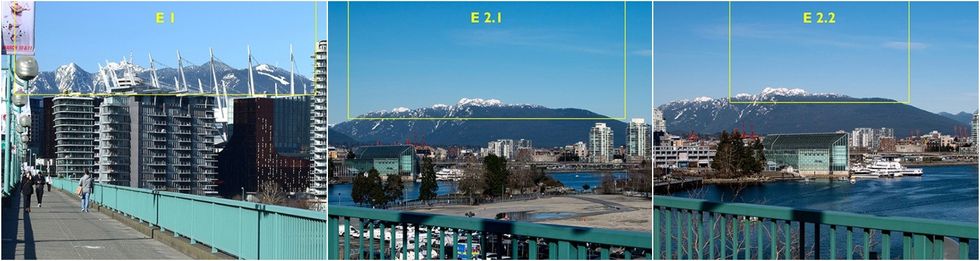 Three view cones from the Cambie Street Bridge.