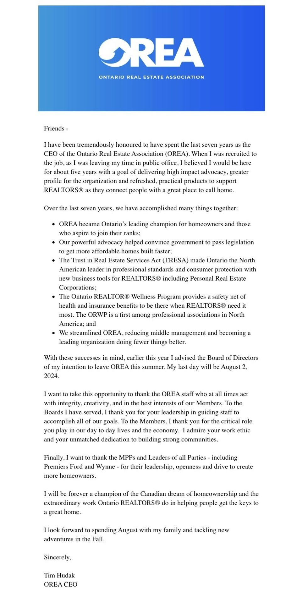 tim hudak Ontario Real Estate Association (OREA)