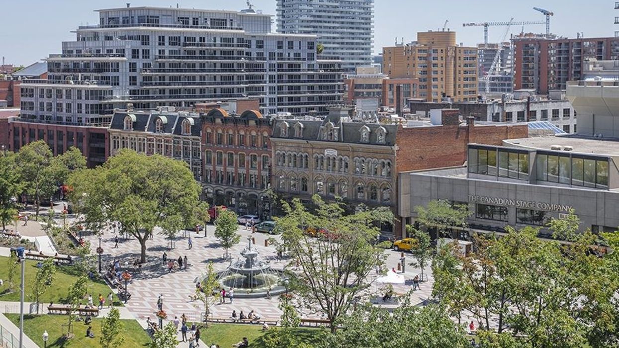 Toronto's new Berczy Park, which boasts one of the city's most stunning fountains, is a lovely place to meander through, perch for an ice cream cone with the kids or while away a good few hours relaxing.  (Photo courtesy by Industrious)