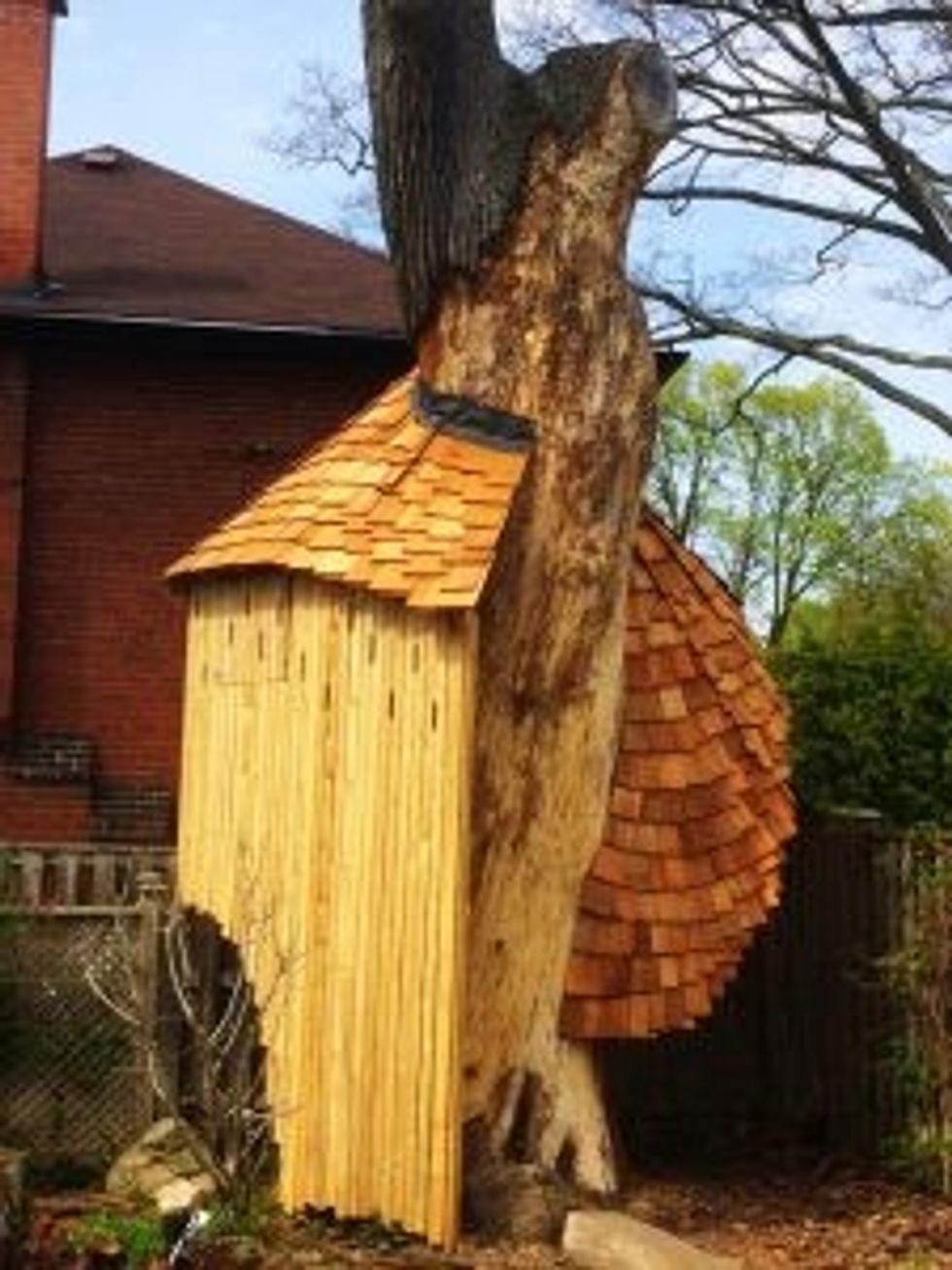 Treehouse built with circular shape to it, alongside a dead tree. The design of the treehouse allows for splashes of light to enter throughout.