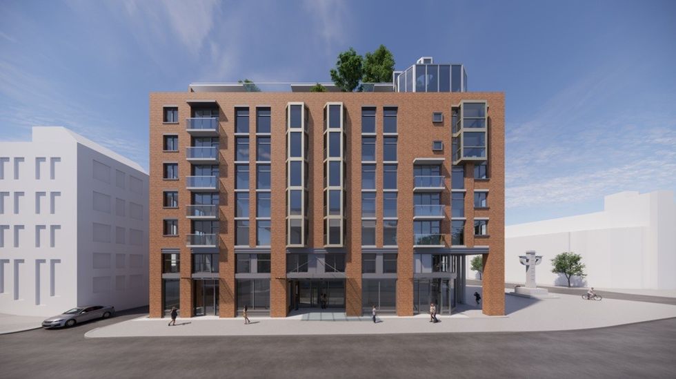 \u200b\u200bA rendering of the 2025 proposal for 105 Keefer Street (570 Columbia Street).
