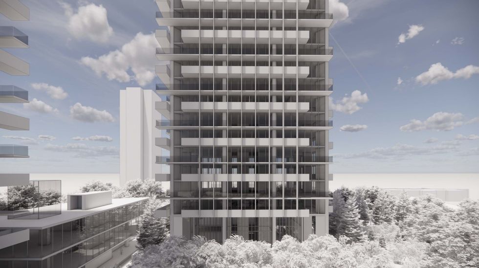 \u200bA rendering of one of the residential towers.