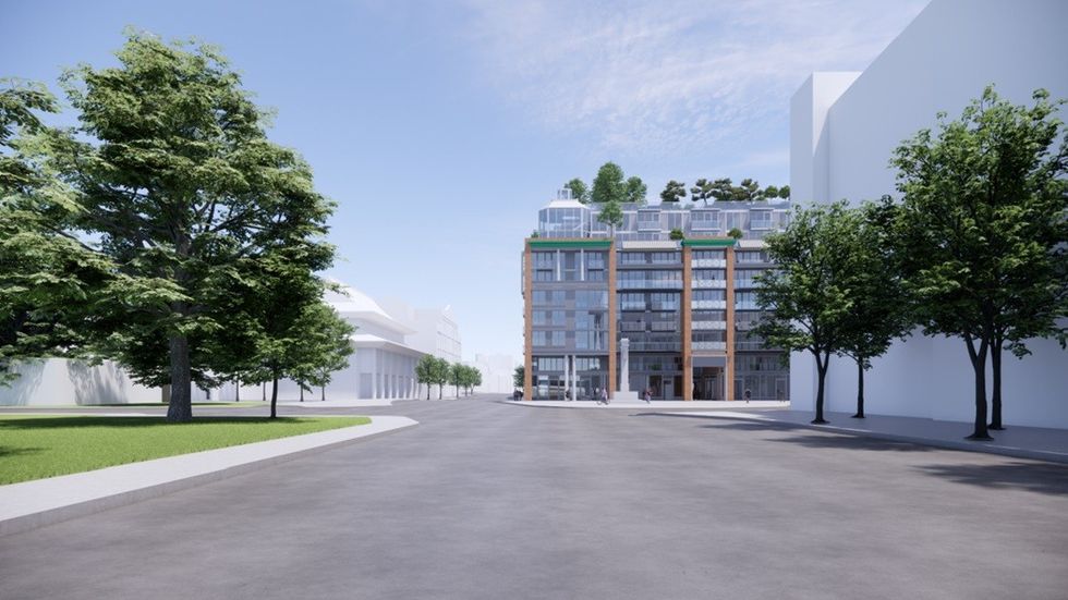 \u200bA rendering of the 2025 proposal for 105 Keefer Street (570 Columbia Street).