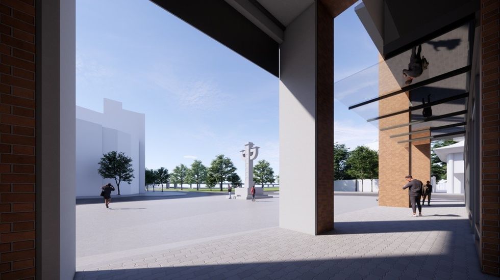 \u200bA rendering of the colonnade near Chinatown Memorial Square.