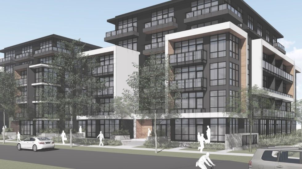 \u200bA rendering of the two rental buildings planned for 5589-5661 Baillie Street in Vancouver.