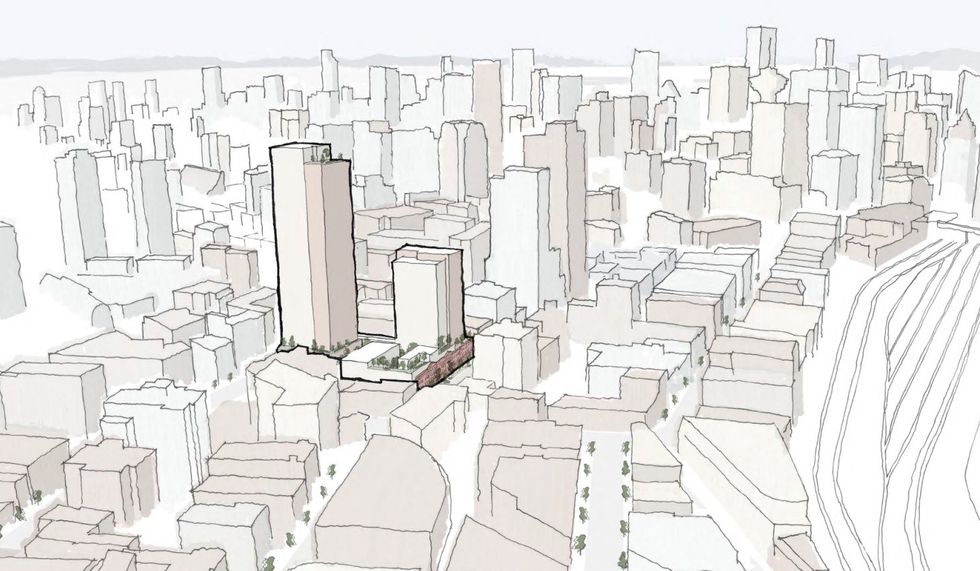 \u200bAn artistic rendering of the Samuel Tower and Cohen Block's surrounding context.
