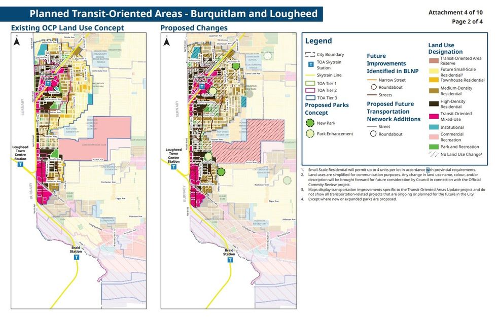 \u200bProposed land use changes for the Burquitlam and Lougheed Town Centre TOAs.