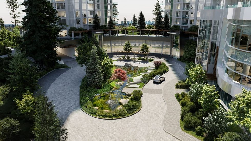 \u200bThe greenspace and water feature between three connected towers.