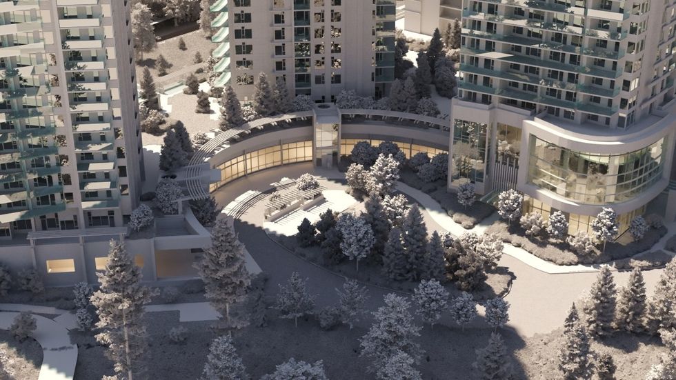 \u200bThe greenspace and water feature between three connected towers.