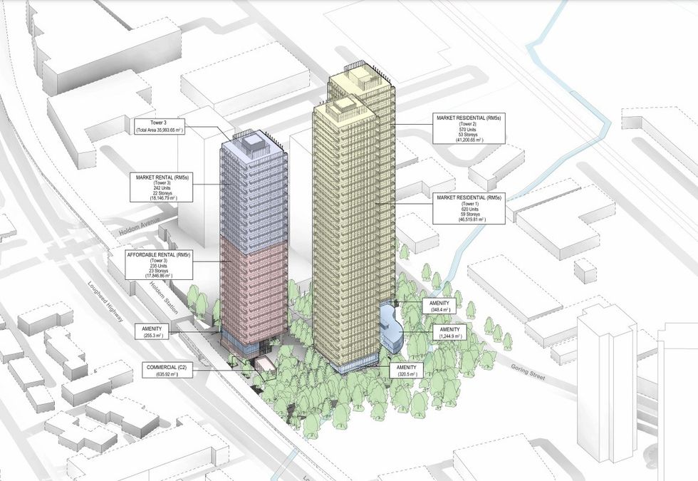 \u200bTower Three (left), Tower One (centre), and Tower Two (back).