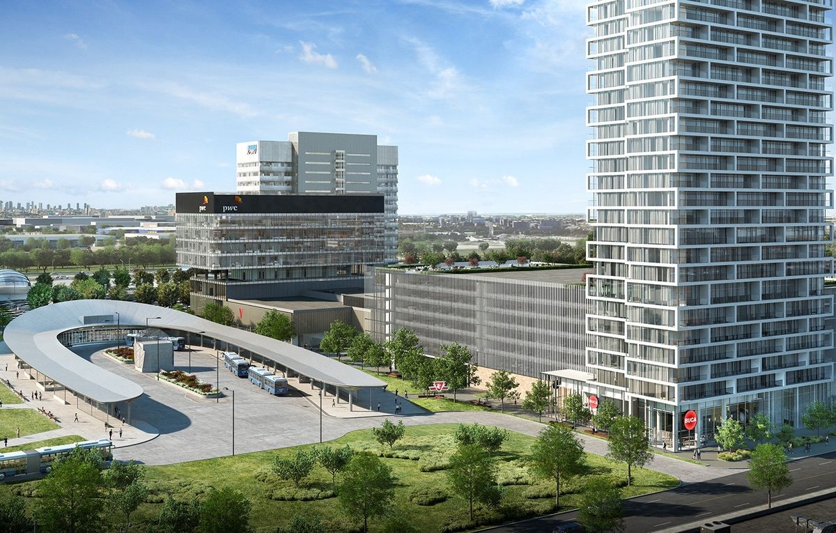 Vaughan, part of the 905 family, is shedding its traditional suburban image and becoming urbanized. One catalyst for the transformation is Transit City condos, which will stand 55 storeys tall and be steps from the newest TTC subway station as well as a regional bus terminal. (Rendering courtesy of CentreCourt Developments)