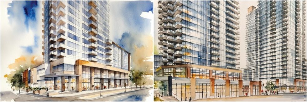 View of NE corner of Phase One (left) and view of Phase Four from the public plaza (right).