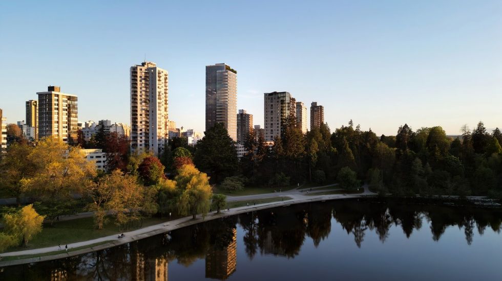 View of the 29-storey hotel (centre) from Lost Lagoon.