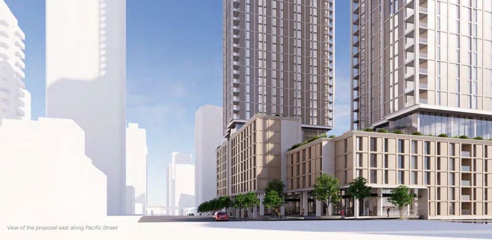View of the proposed towers from along Pacific Street.