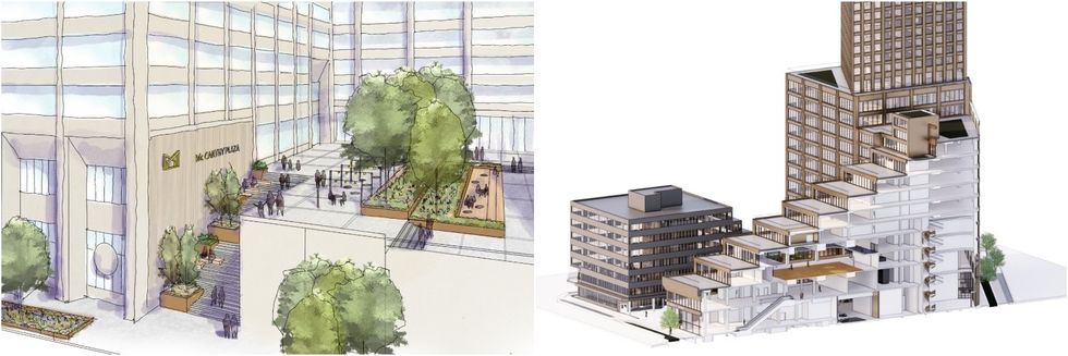 View of the public plaza from along Nelson Avenue (left) and the podium from along McCarthy Way (right).