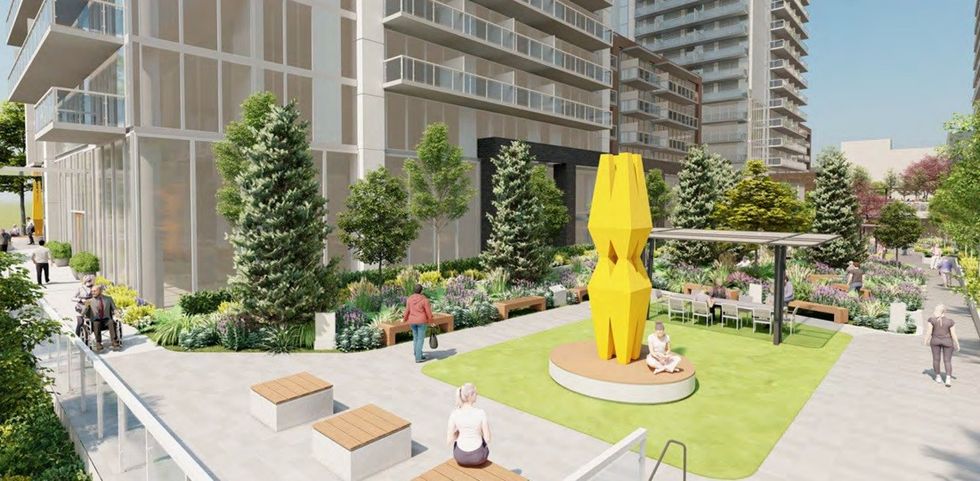 View of the public space between the four towers.