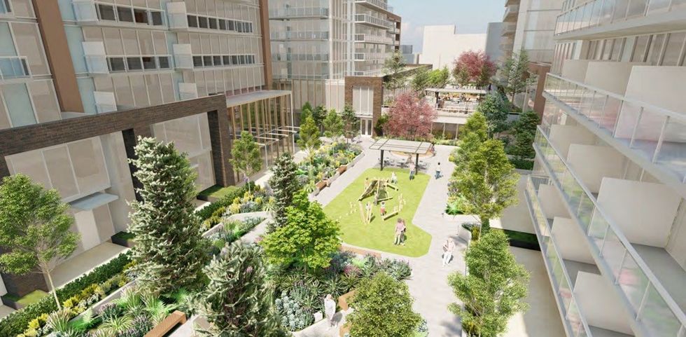 View of the public space between the four towers.
