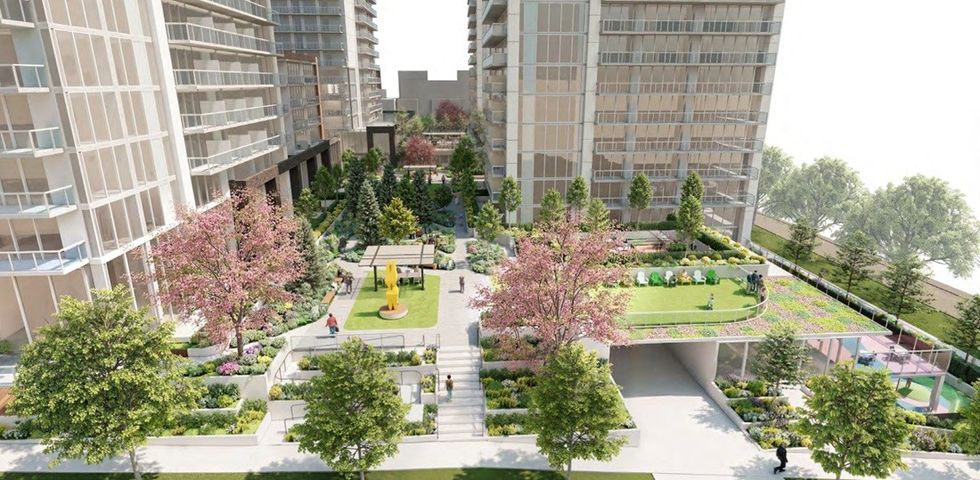 View of the public space between the four towers.