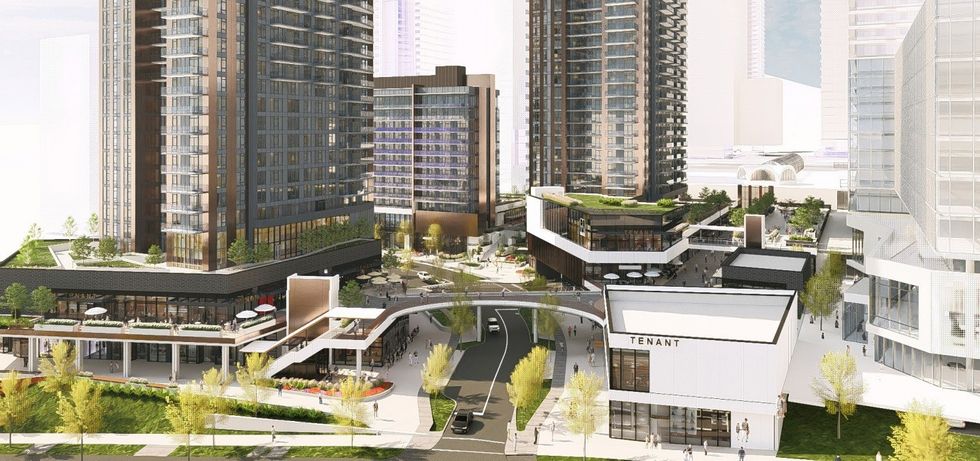 View of the three buildings from along Austin Road.