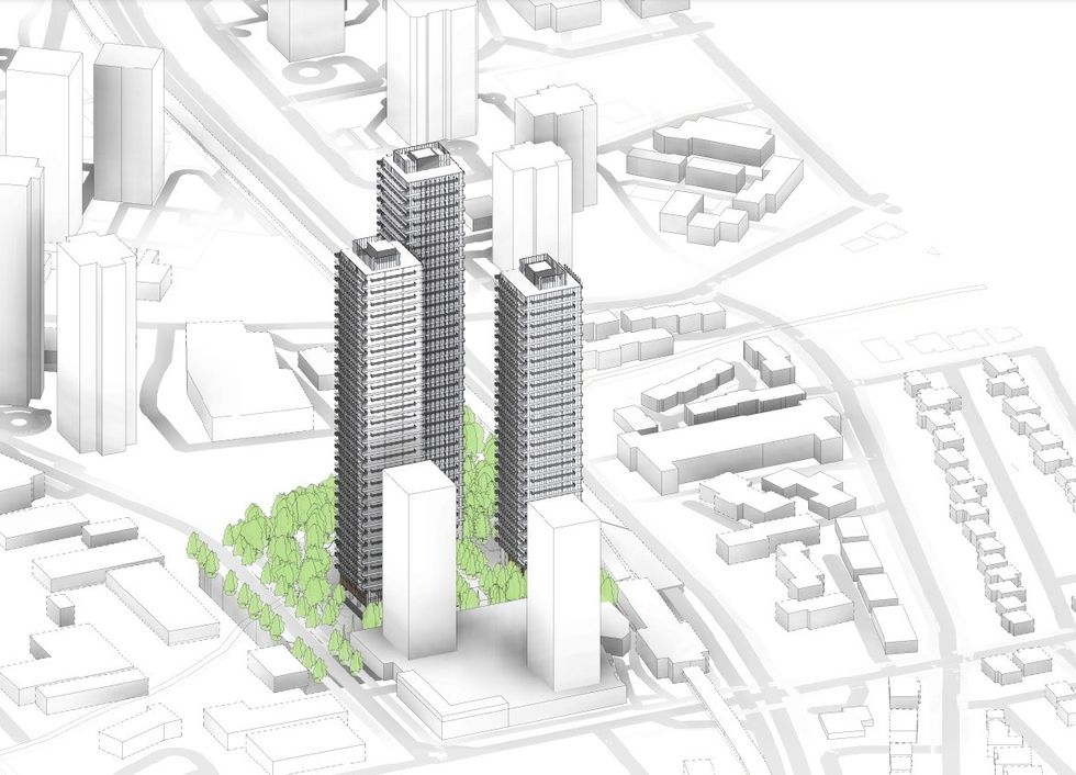 View of the three towers from east looking west.