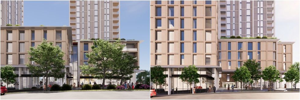 View of the tower separation from the corner of Pacific and Burrard in the revised design (left) and original design (right).