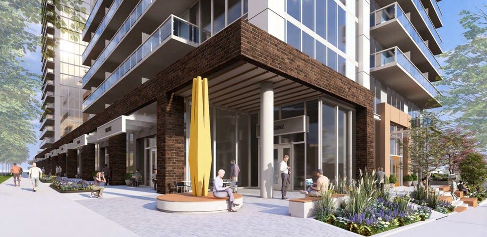 View of the towers from the corner of E Broadway and Kaslo Street.