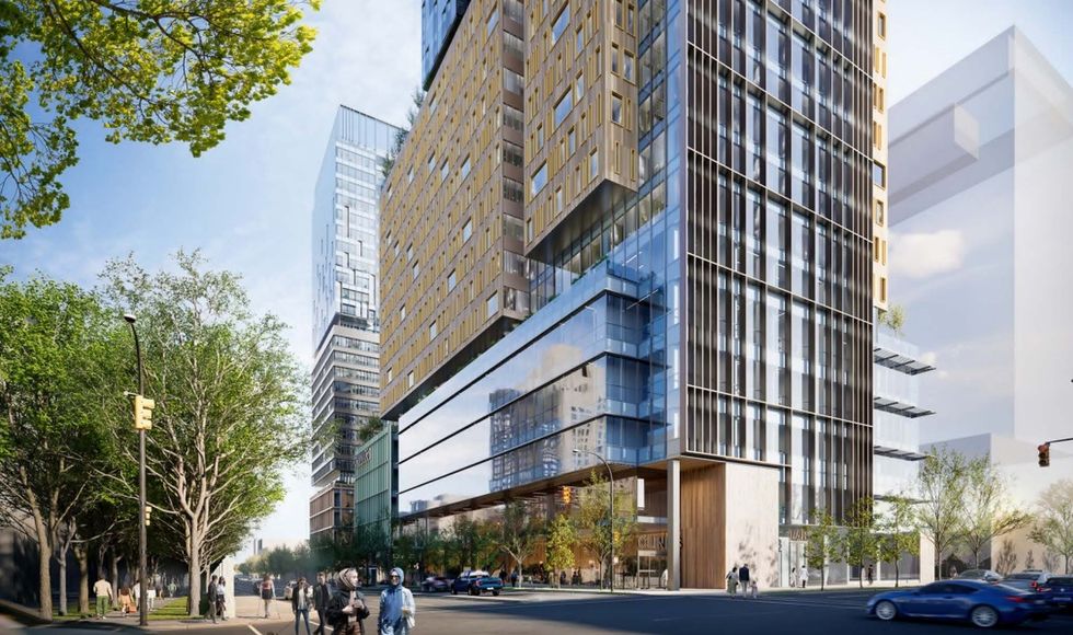 View of the towers from the corner of W 12th Avenue and Oak Street.