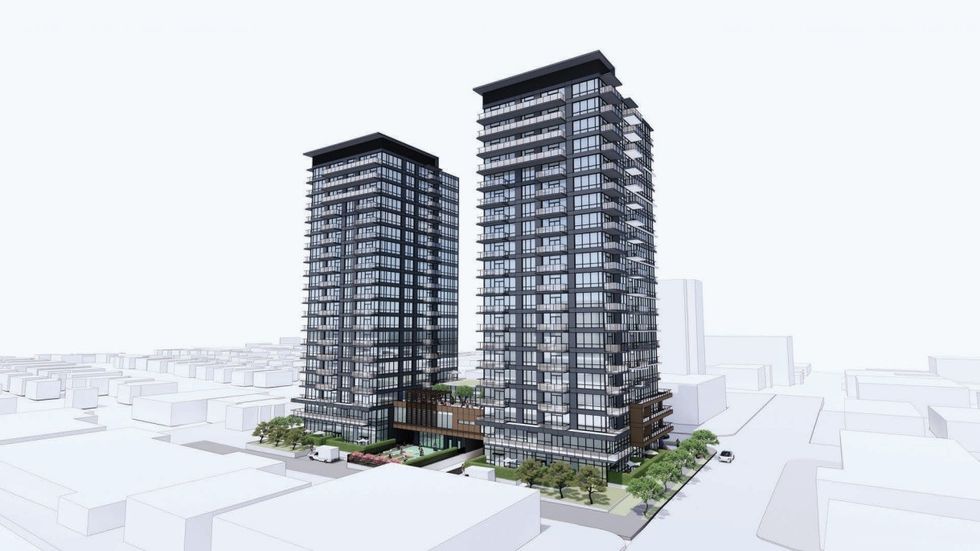 View of the two towers from the rear, along Pine Street.