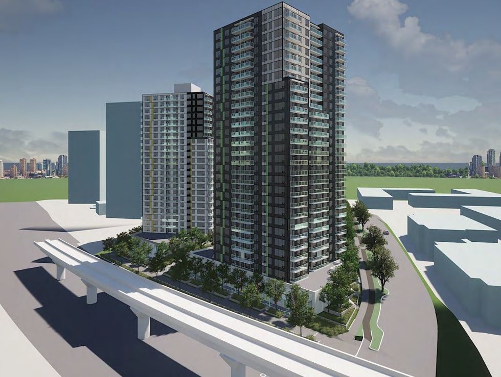 View of Tower 1A (right) and Tower 1B (left) from along Lougheed Highway.